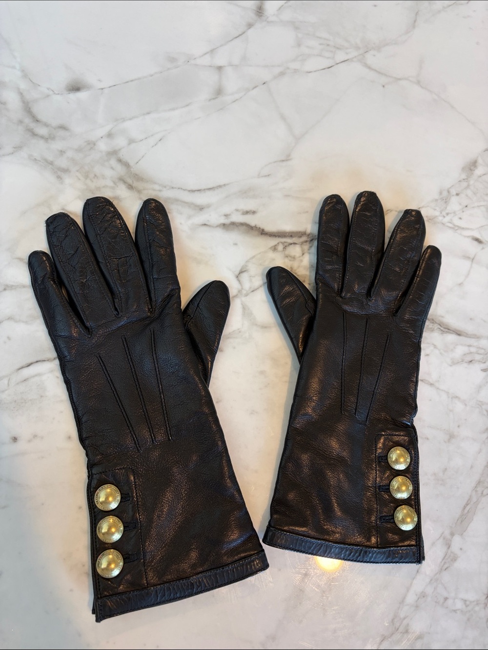 Authentic Women’s Coach Black Leather Gloves with Gold Buttons